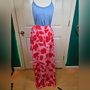 Periwinkle Collection Pink & Red Floral Maxi Skirt, Size Small